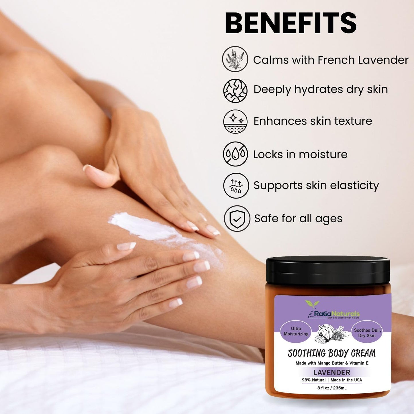 RaGaNaturals Calming Lavender Hand & Body Cream for Dry to Very Dry Skin - All Natural Vitamin E Face Cream to Deliver Healthy-Looking Glow -Non Toxic, Vegan Lavender Lotion for Women, Men, Baby -8 Oz