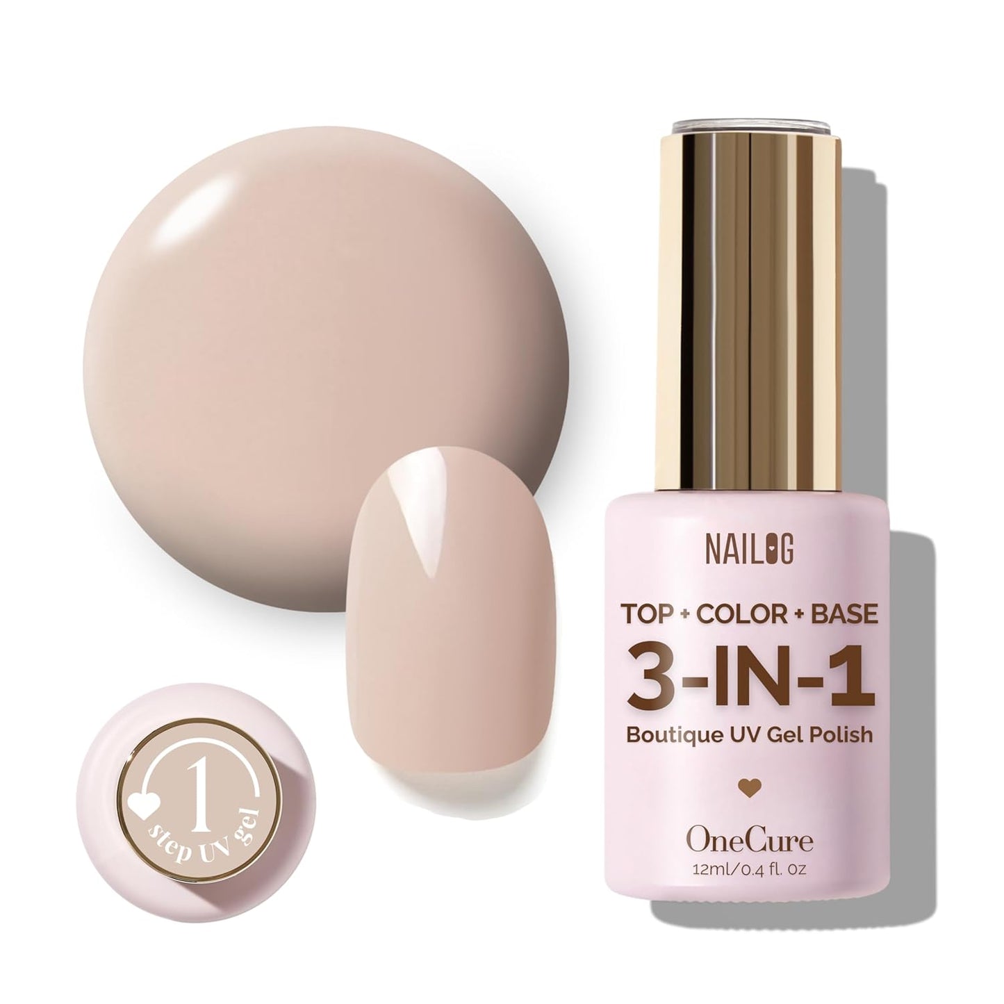 NAILOG One Step Beige Gel Nail Polish 12ml Top Coat Color Gel Base 3-In-1 Formula Soak Off UV Gel Polish for Home DIY & Gifting | Almond Beige