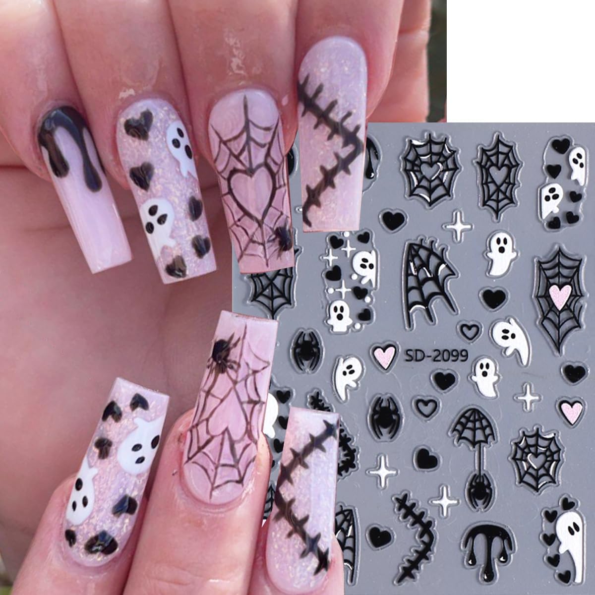 4 Sheets Halloween Nail Stickers Spider Nail Decals Bat Nail Art Stickers Spider Web White Ghost Black Heart Design Star Moon Nail Sticker for Nail Art Decor Scared Manicure Accessories for Women