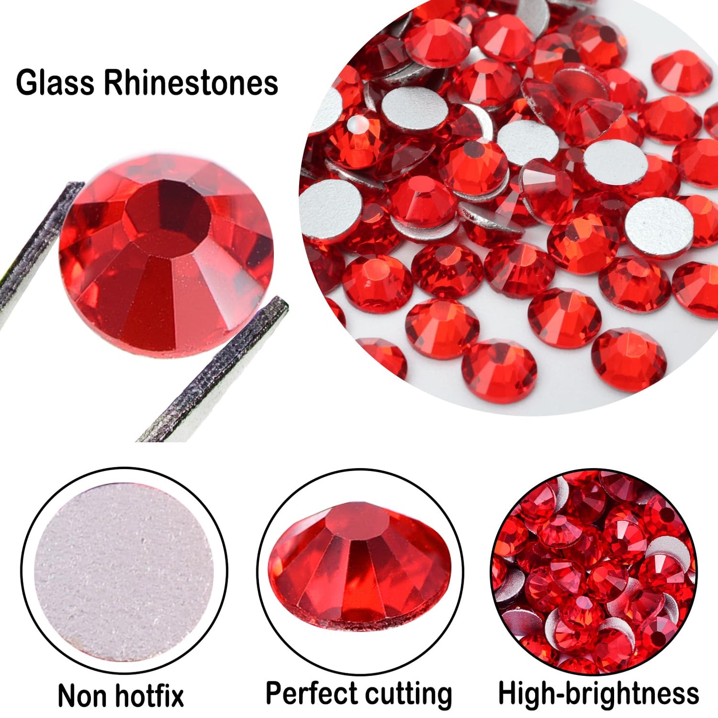 Flatback Glass Rhinestones,Bedazzler Gems 1440pcs Non Hotfix Crystal Rhinestones for Nail Charms Crafts Clothes Tumblers,Red,SS20