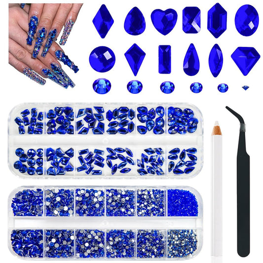 4080Pcs Blue Nail Rhinestones Flatback Royal Blue Sapphire Round Beads K9 Glass Gems Stones Nail Art Gems Diamonds jewels Nail Art Charms Supplies for Nails Face Eyes Makeup DIY Crafts Clothes