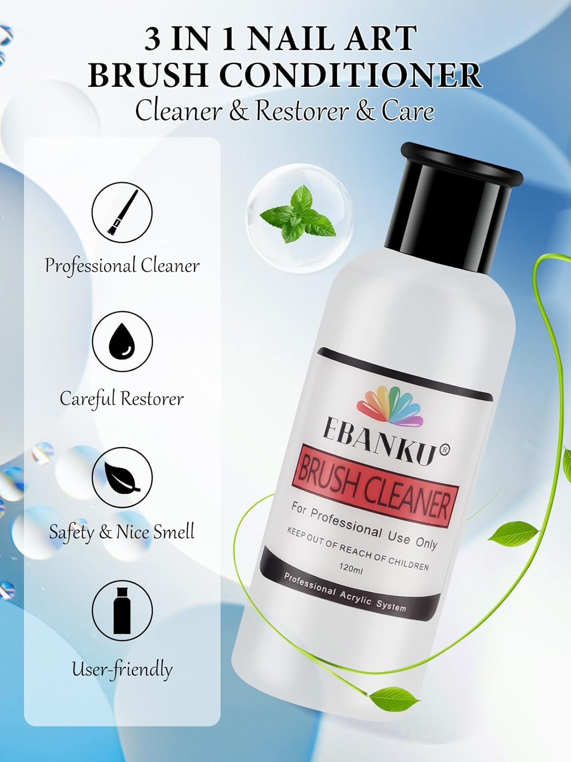 EBANKU 120ml Acrylic Nail Brush Cleaner, 3 in 1 Nail Art Brushes Conditioner Nail Brush Clean Solution Quickly Clean With Glass Cup and Scrub Brush for Solid Gel Polish/Nail Extension Gel