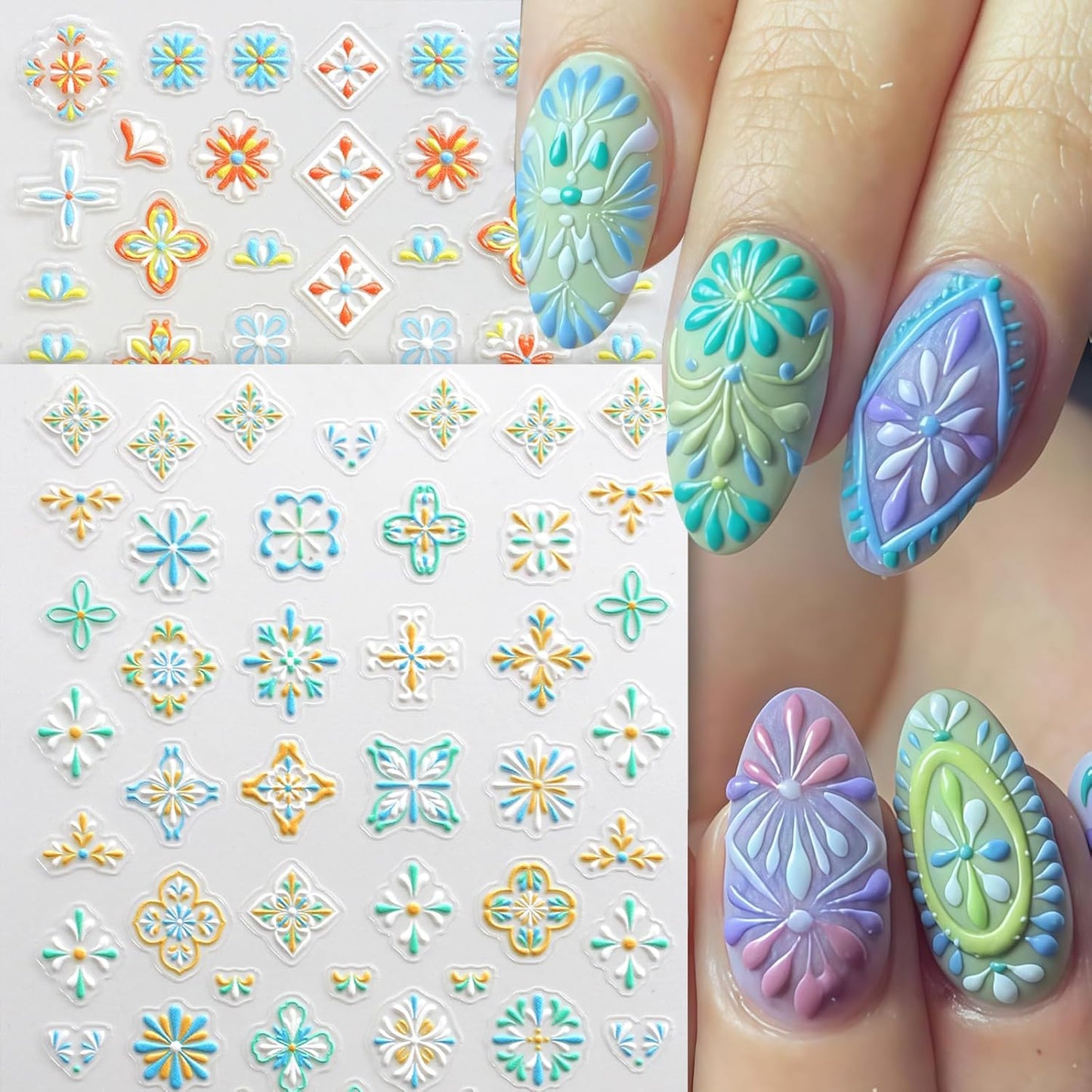 5 Sheets Bohemian Style Nail Decals Embossed Flower Star Nail Art Stickers 5D Self-Adhesive Metallic Lace Lines Bohemia Carving Floral Nail Designs Star Flower Nails Decoration for Women Nail Supplies