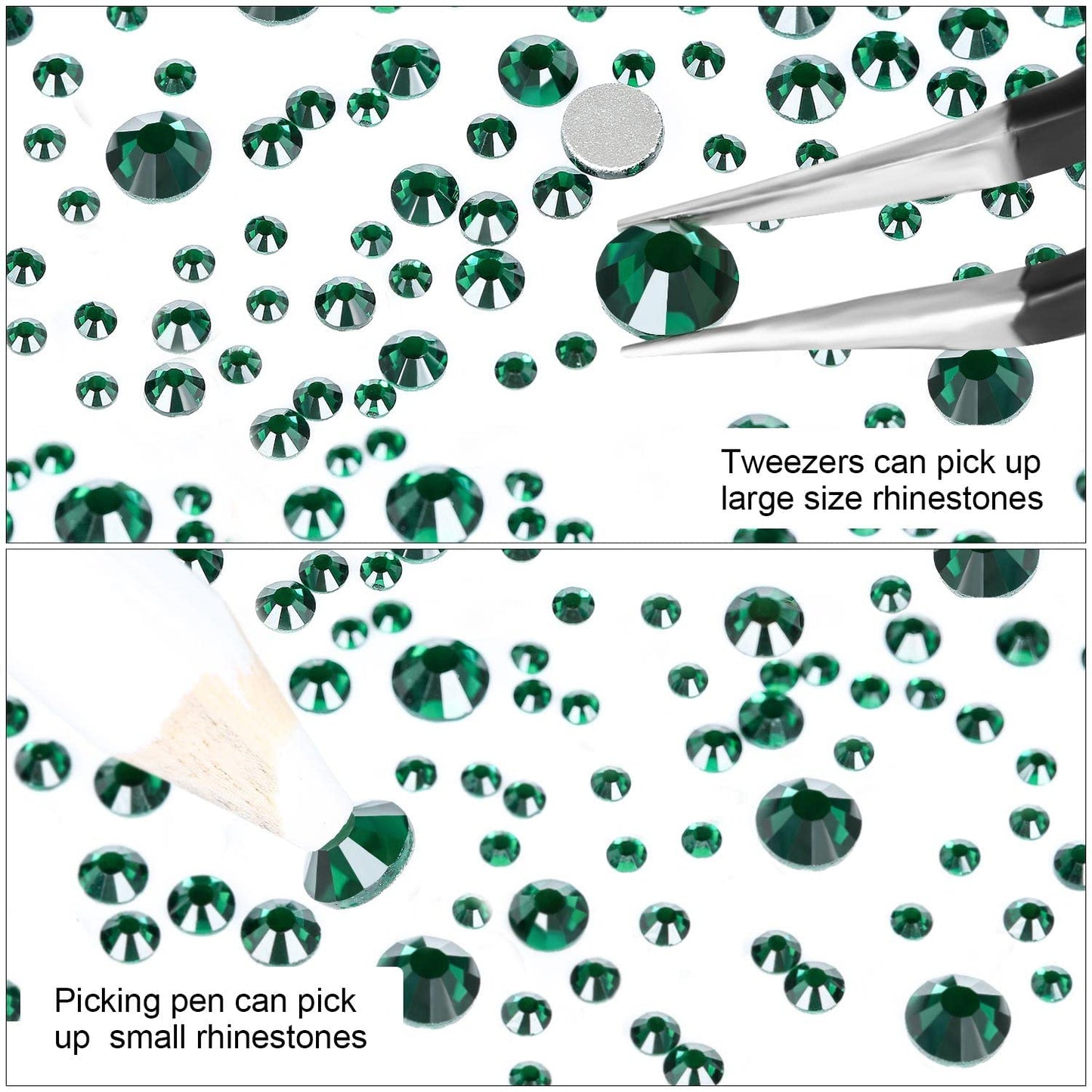 4240Pcs Malachite Green Flatback Rhinestones 6 Sizes Crystal Diamonds for Nail Art Crafts Clothes Shoes with Tweezers and Picking Pen