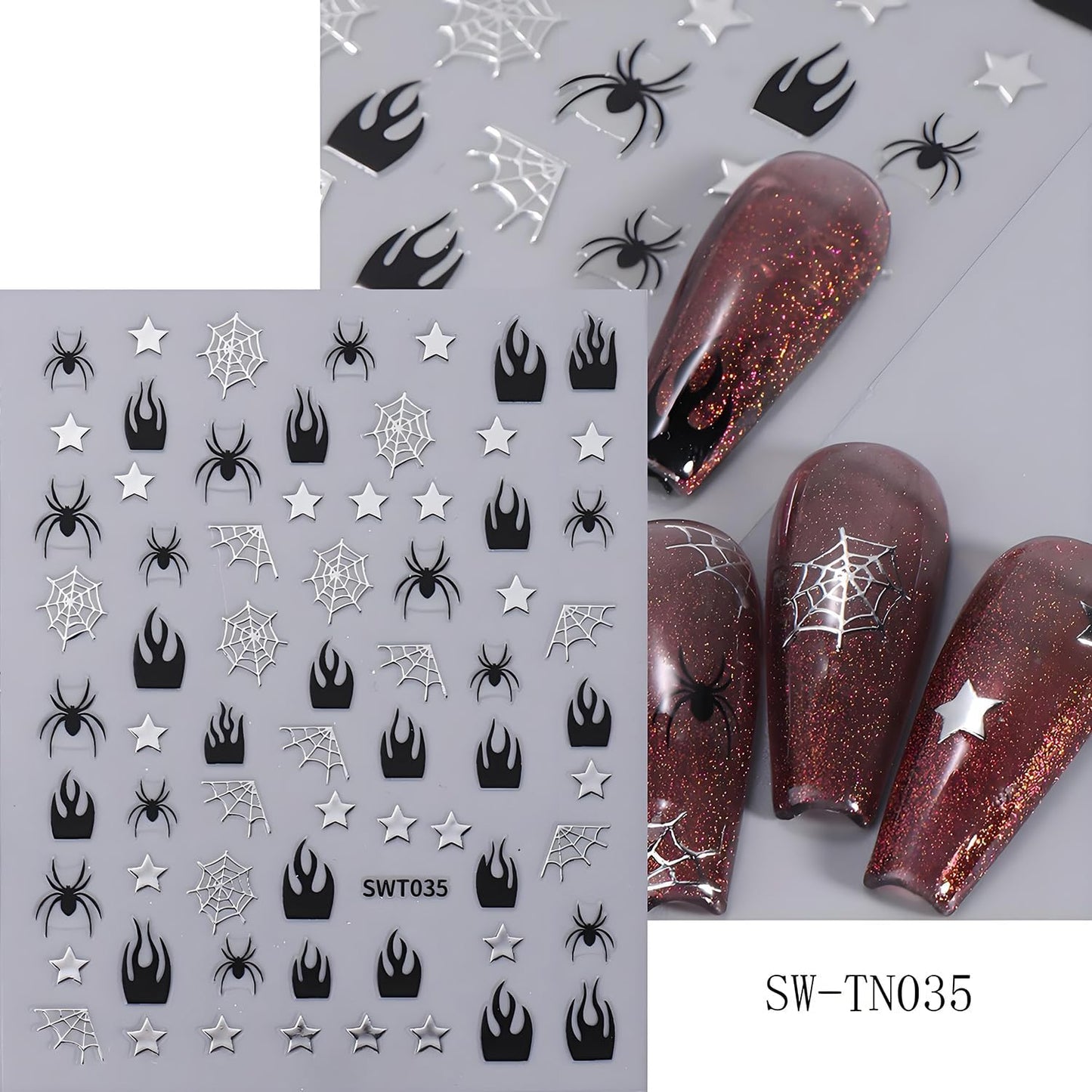 Halloween Nail Art Stickers, Glitter Spider Web Nail Art Decals 3D Self-Adhesive Black Gold Silver Heart Star Moon Nail Design 5Pcs Halloween Nail Art Supplies for Women Nail Decoration