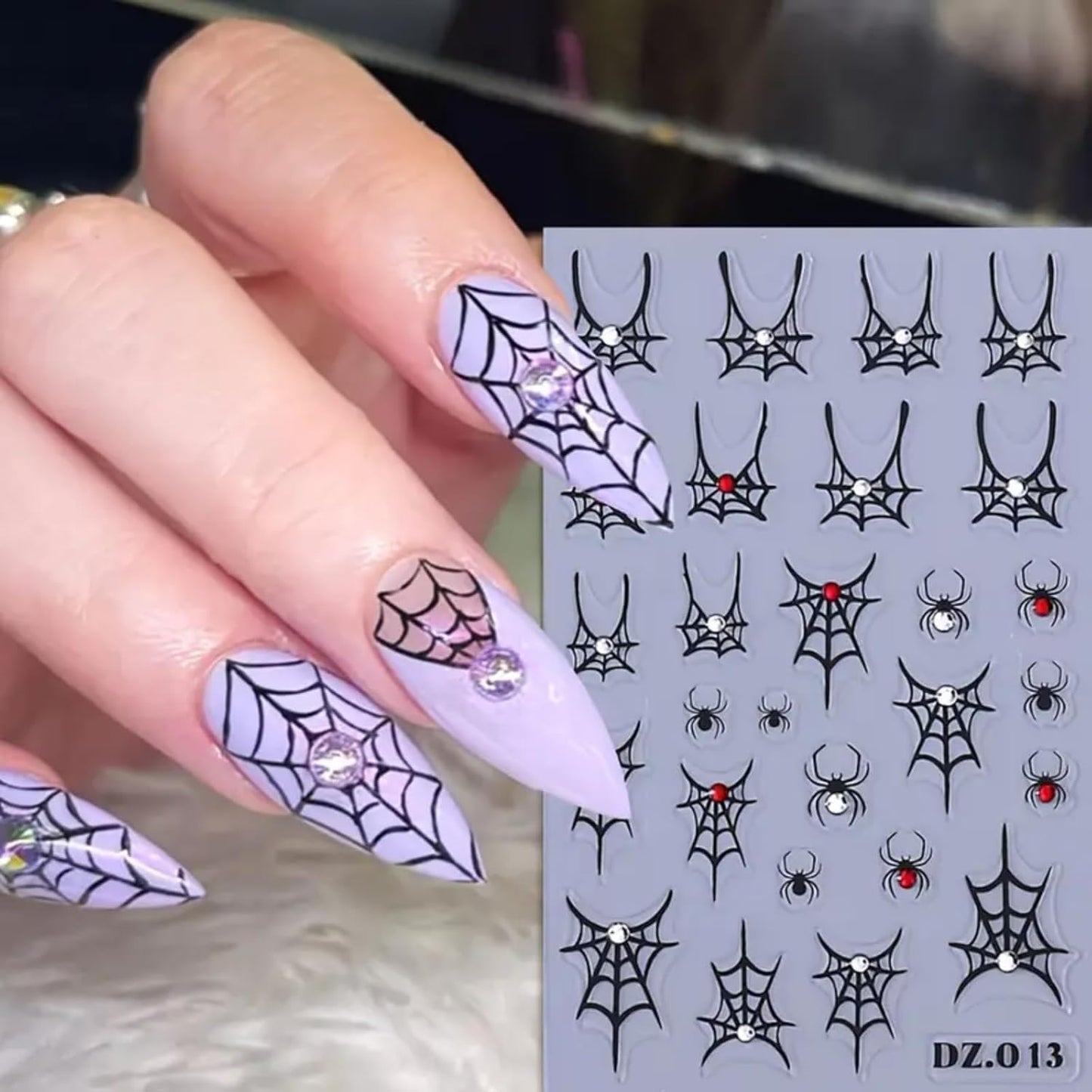 4PCS Halloween Nail Art Stickers Black Spider Web Spider Nail Decals with Rhinestone Crystal Spider Web Spider Nail Stickers Cute Bow Heart Halloween Nail Art Supplies for Women Manicure Decorations