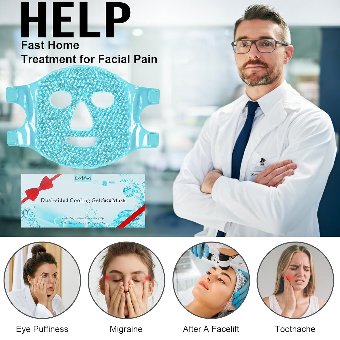 BeeVines Ice Face Mask, Cooling Gel Pack for Puffy Eyes, Cold & Hot Reusable Compress, Frozen Eye Packs Masks for Women for Dark Circles, Puffiness, Allergies & Headaches (Blue)