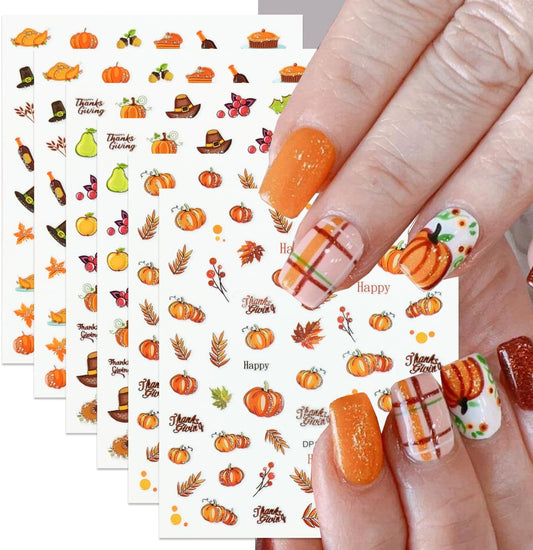 Autumn Nail Stickers Pumpkin Nail Art Stickers Fruit Nail Decals Fallen Leaves Maple Leaf Pear Grapes Hat Design Orange Thanksgiving Sticker for Nails DIY Manicure Decoration for Women 6 Sheet