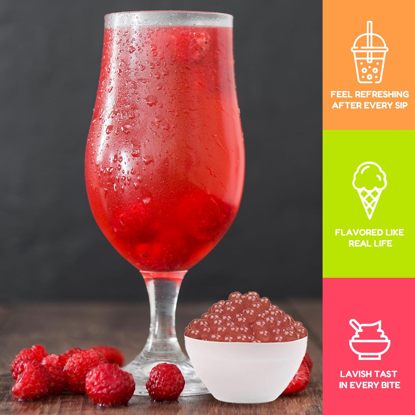 Fanale Raspberry Popping Boba Pearls, Vegan, Non GMO, Gluten Free, Fat Free, Perfect for Bubble Tea, Smoothies, Ice Cream, Desserts, and Beverages.