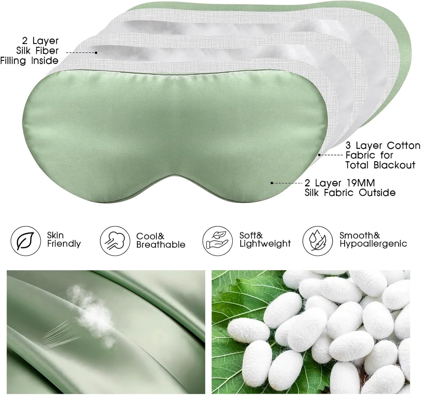 100% Mulberry Silk Eye Mask for Sleeping with Silk Wrapped Adjustable Strap,Sage Green