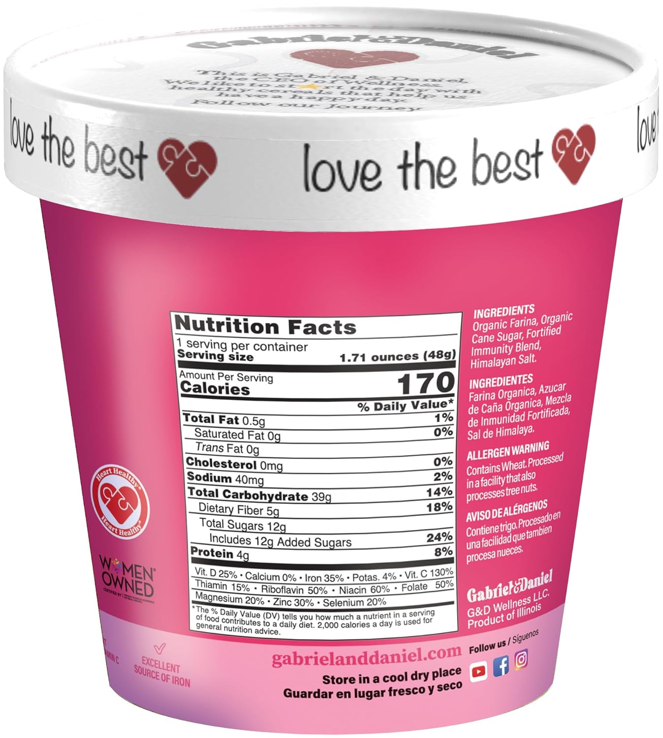 Gabriel & Daniel Organic Instant Creamy Wheat (Farina) Hot Cereal Cup – Non-GMO, Pure and Organic Breakfast Cereal – Rich in Iron & Vitamin C for a Nourishing and Quick Meal – Smooth & Creamy Texture (Pack of 12)