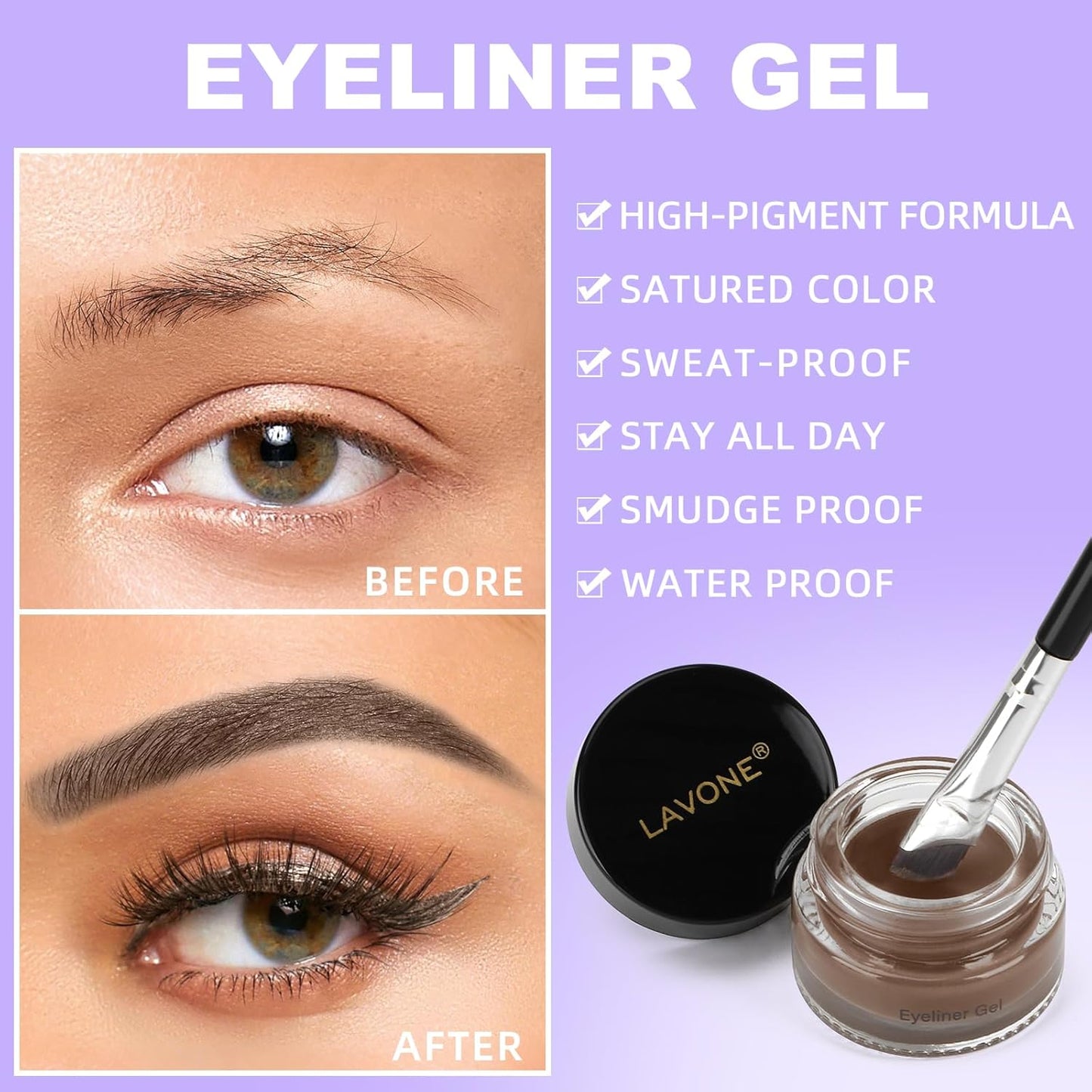 LAVONE Eyeliner Set - Waterproof Makeup Kit with Liquid Eye Liner Pencil, Gel Eyeliner and Angled Eye Liner Brush, Waterproof, Smudge Resistant, Long Lasting Formula - Dark Brown