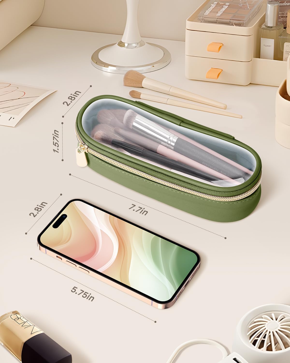 Clear Travel Makeup Brush Holder, Leather Makeup Brush Toiletry Bag, Portable Cosmetic Brush Case, Transparent Waterproof Makeup Brush Storage Bag, Green