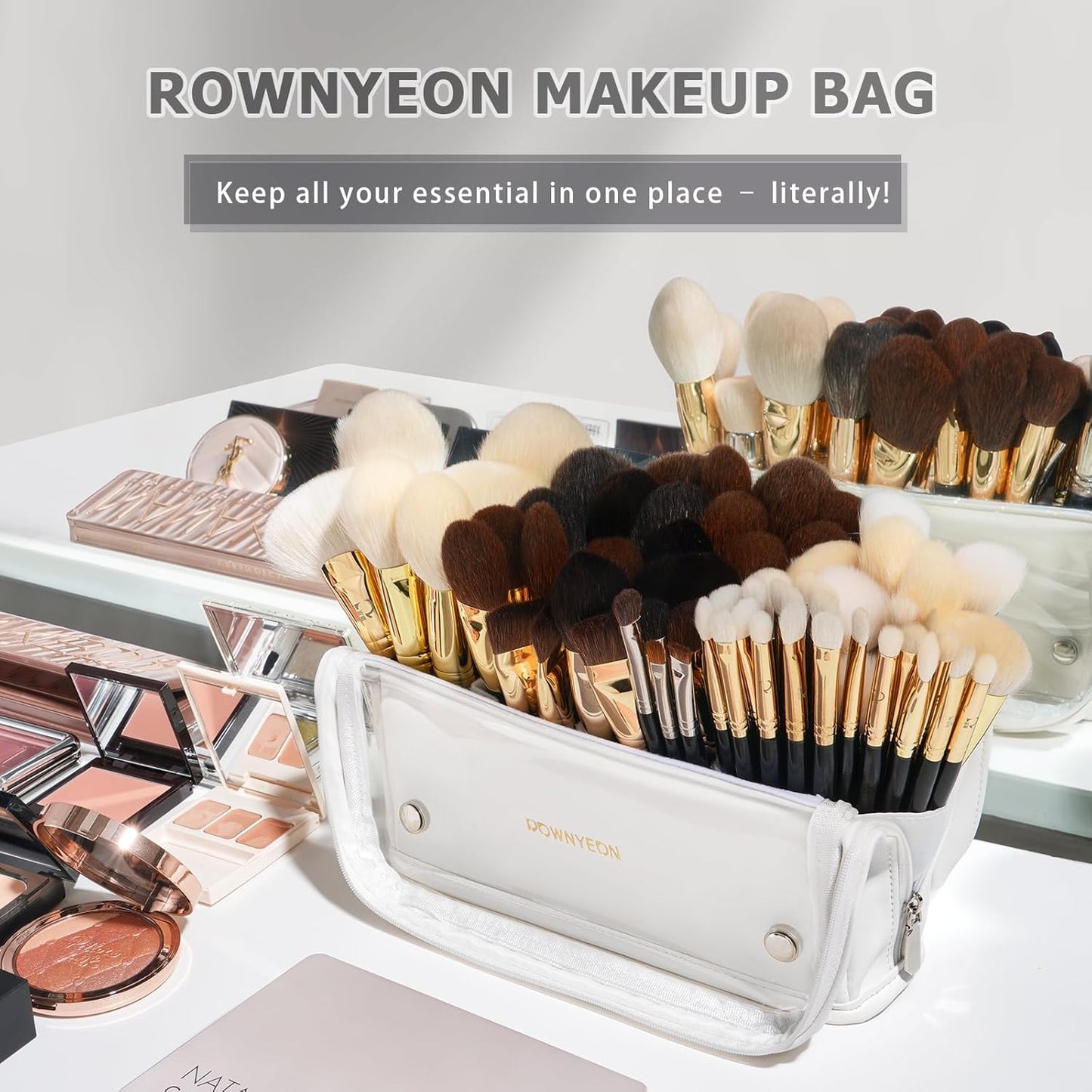 ROWNYEON Makeup Brush Bag, High Capacity Stand-Up Makeup Brush Holder, Travel Professional Cosmetic Bag Artist Organizer Bag Large Makeup Brush Case with Adjustable Divider (Brushes Not included)
