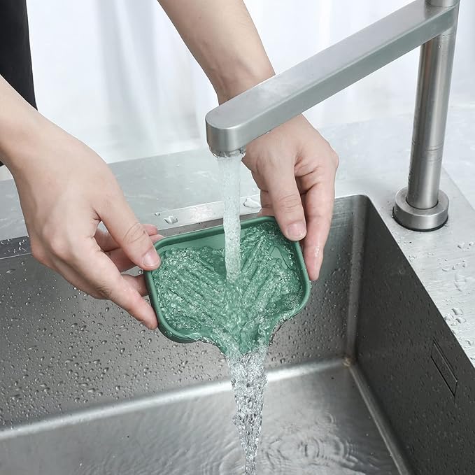 Silicone Bathroom Soap Dishes with Drain Spout-Bathroom and Kitchen Sink Organizer,Sponge Holder,Dish Soap Tray,Perfect for Dispenser,Scrubber,Bottle,Cup on Sink or Counter-Green 4.9"×3.2"
