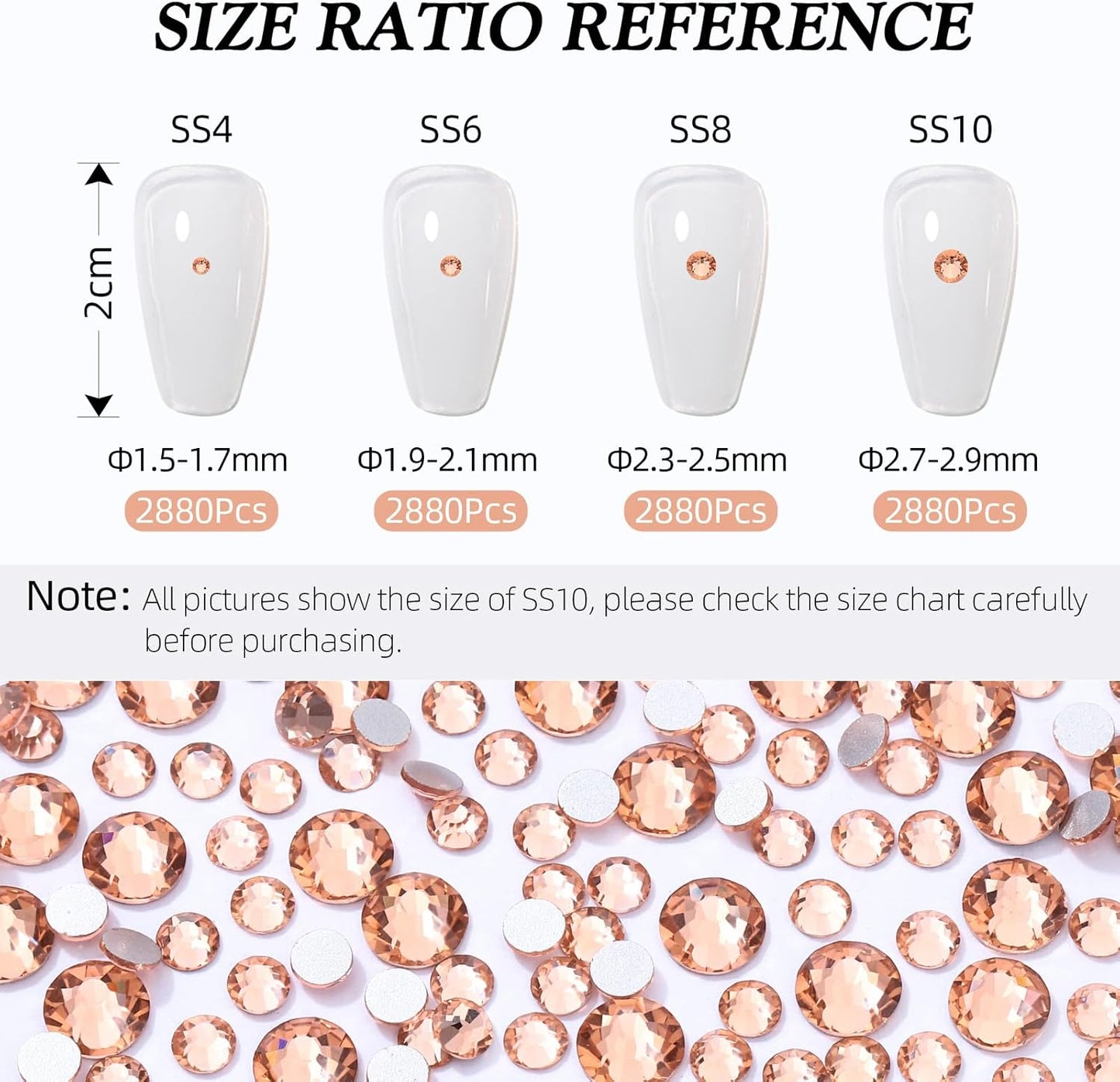 Champagne Flatback Rhinestones, Glass Rhinestones for Nail Art and Craft, Glue Fix, Loose Crystal Gemstones(Champagne, SS8, 2880pcs, 2.3-2.5mm)