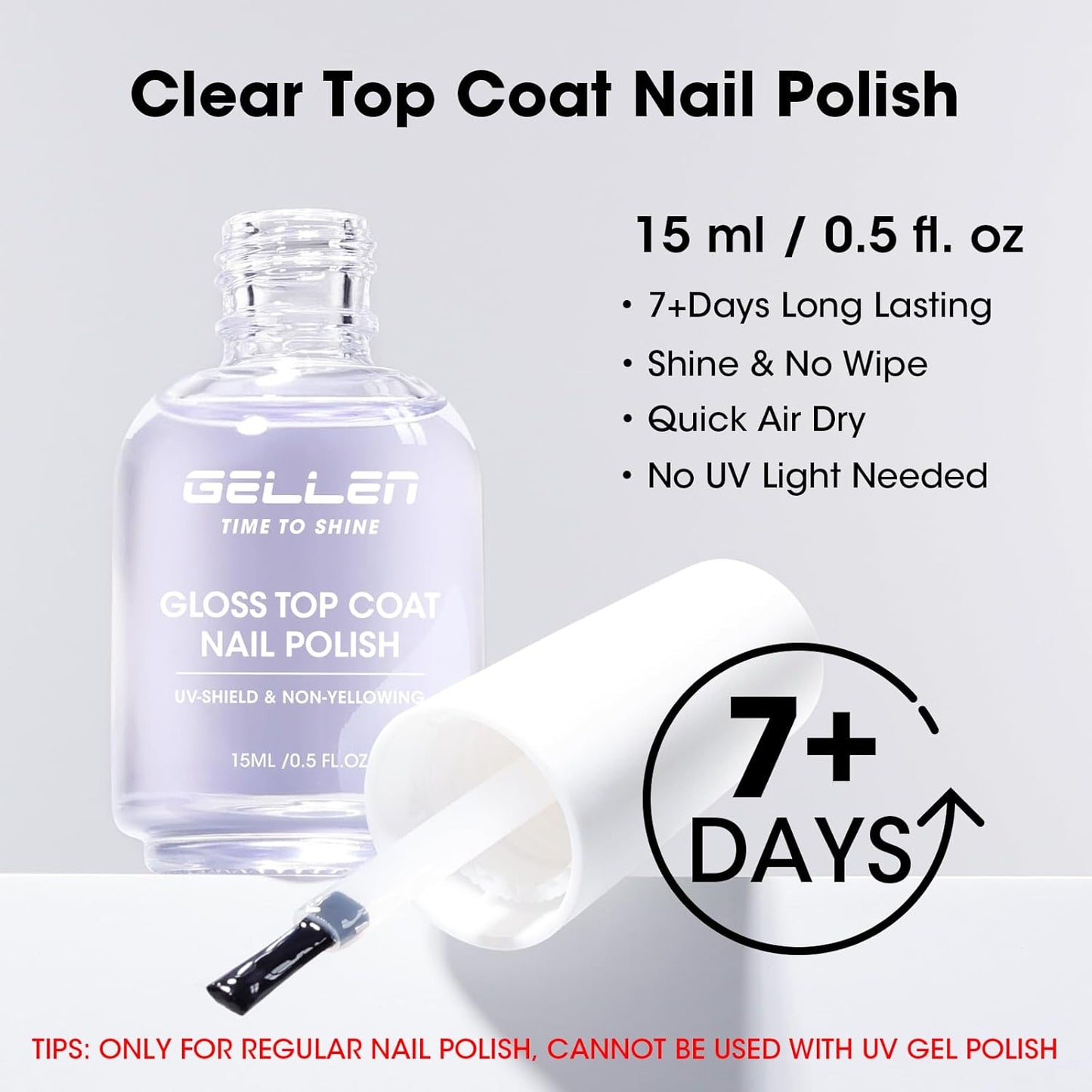 GELLEN Clear Nail Polish Top Coat, High Gloss Shine Top Coat Quick Air Dry UV-Resistant, Long Wear and Scratch Resistant, Chip Resistant, Protects Color & Nails, Non UV Gel, Hema Free, Non-toxic