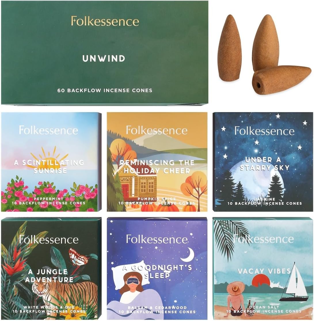 Folkulture Backflow Incense Cones for Waterfall | Set of 6 Waterfall Incense Cones Scented for Gifts | Balsam Cedarwood, Jasmine, Oud, Pumpkin Spice | Peppermint Inscents-Cones for Home