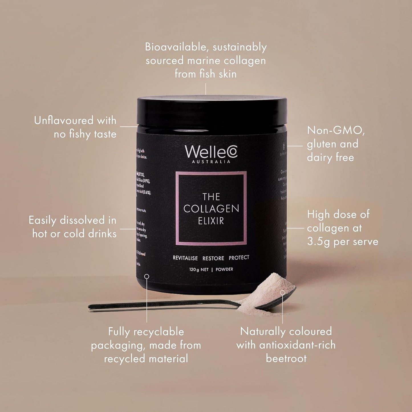 WelleCo The Collagen Elixir Collagen Powder, Marine Collagen Peptides with Vitamin C, Hyaluronic Acid, Digestive Enzymes & Silica, for Glowing Skin, Hair & Nails, Gluten Free, Unflavored, 4.23 oz