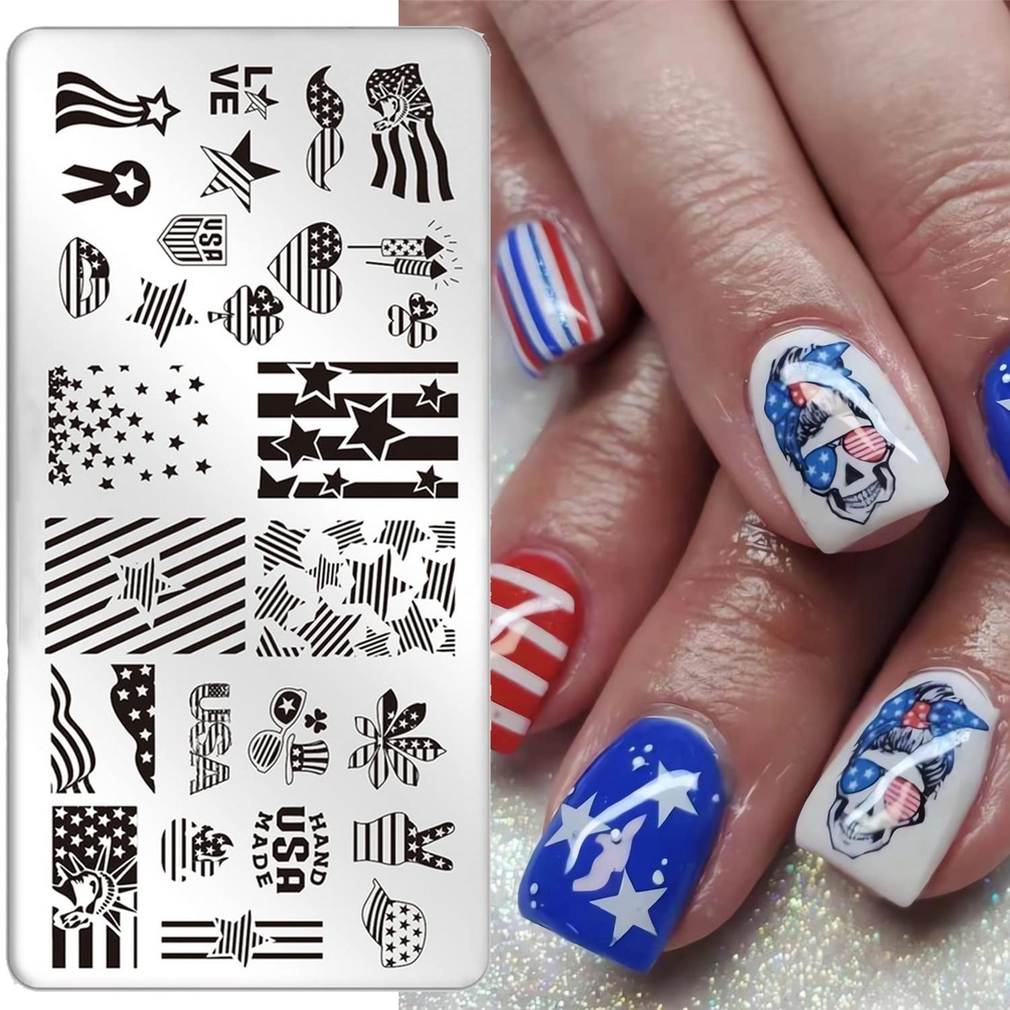 4th of July Nail Art Stamping Plates American Flag Designs Nail Stamp Templates DIY Stainless Steel Star Nail Image Polish Template Manicure Accessories for Women and Girls