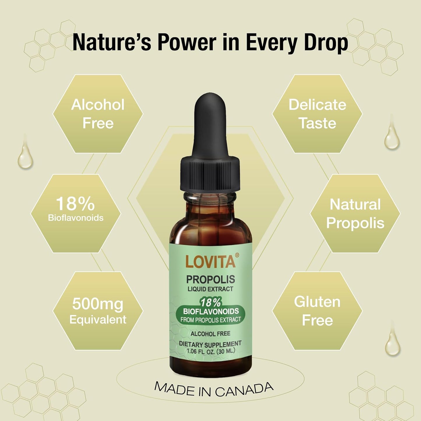 Lovita Bee Propolis Liquid Extract 500mg, 5:1 Resin Drops with 18% Bioflavonoids, Alcohol-Free Antioxidant, Immune Support & Throat Soothing, Gluten-Free, Non-GMO, 1 Fl Oz (30 mL), 90 Day Supply