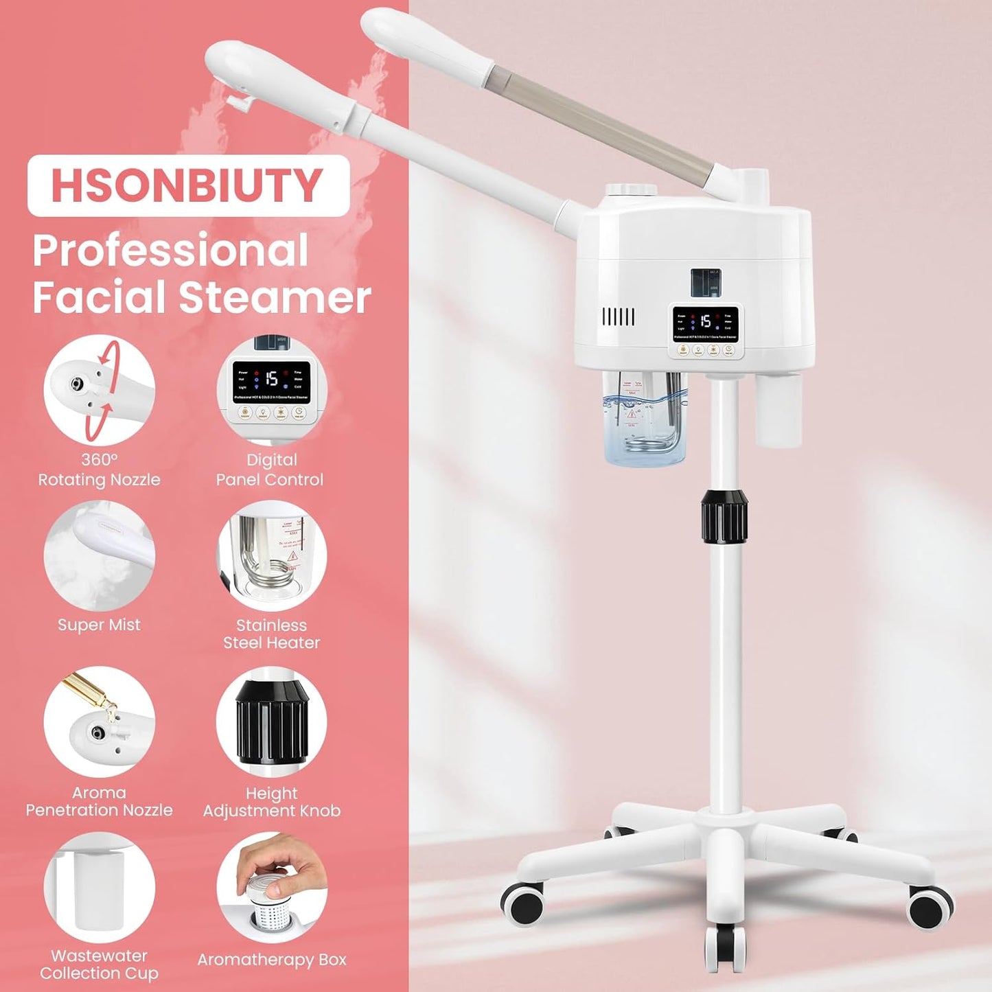 Professional Facial Steamer, 2 in 1 Facial Steamer with Hot&Cold Nozzle, Esthetician Face Steamer with Digital Display for Spa, Salon and Home Use