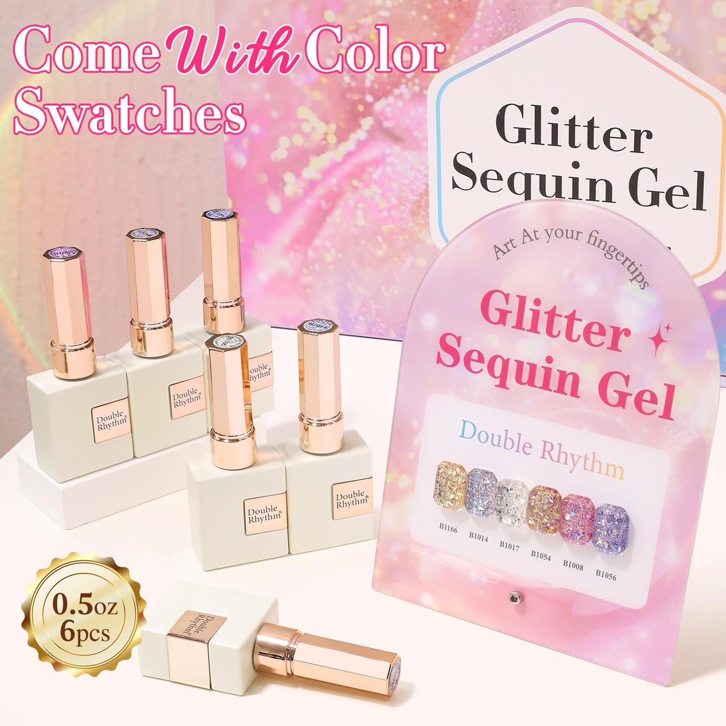 Double Rhythm 0.5 Oz Glitter Gel Polish Set of 6 Color with Display Board 15 ml Full Size Kit Shimmer Reflective Sparkle Soak Off Manicure Salon DIY at Home (Gold Blue Silver Purple Pink-T6-37)
