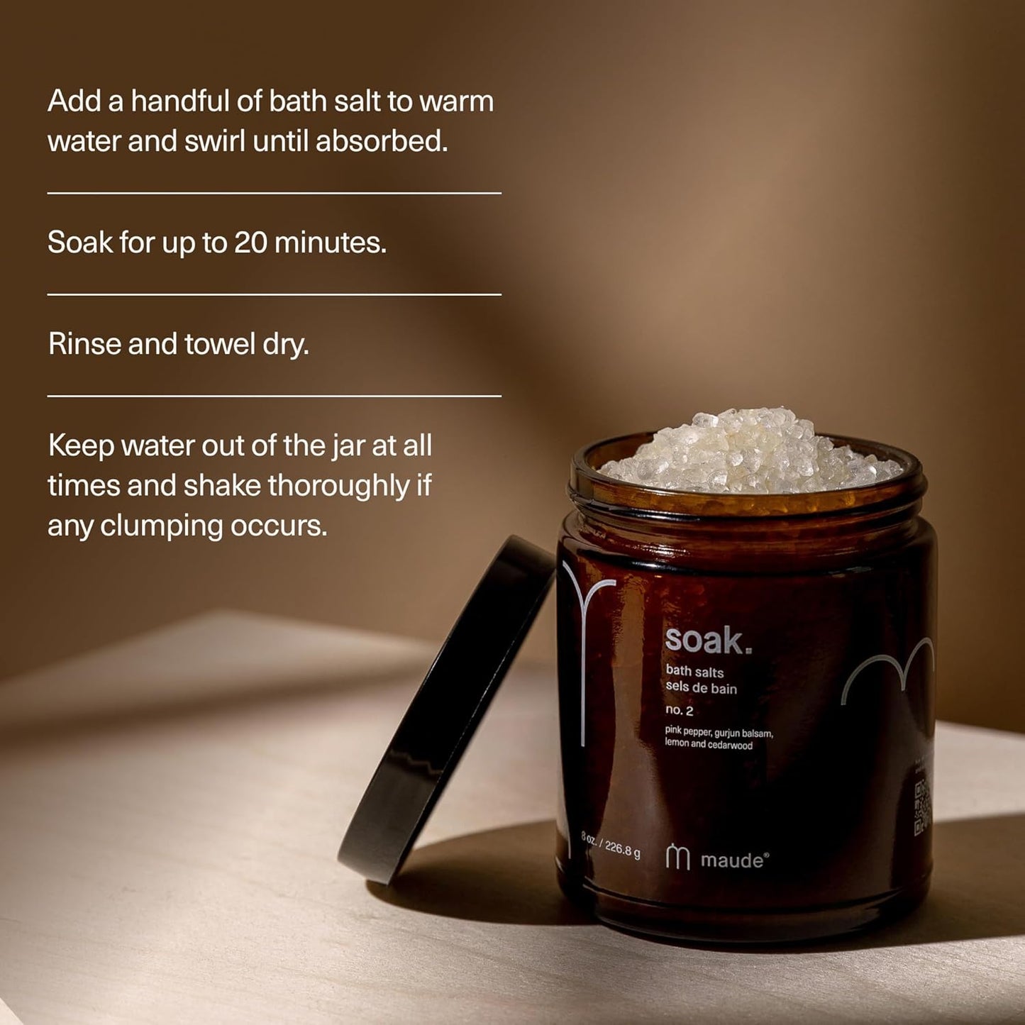 Maude Soak No. 2 - Nourishing Mineral Bath Salts - Hand-Harvested Dead Sea Salt with Magnesium & Potassium Chloride - Soften & Rejuvenate Skin - Notes of Pink Pepper & Lemon (8 oz)