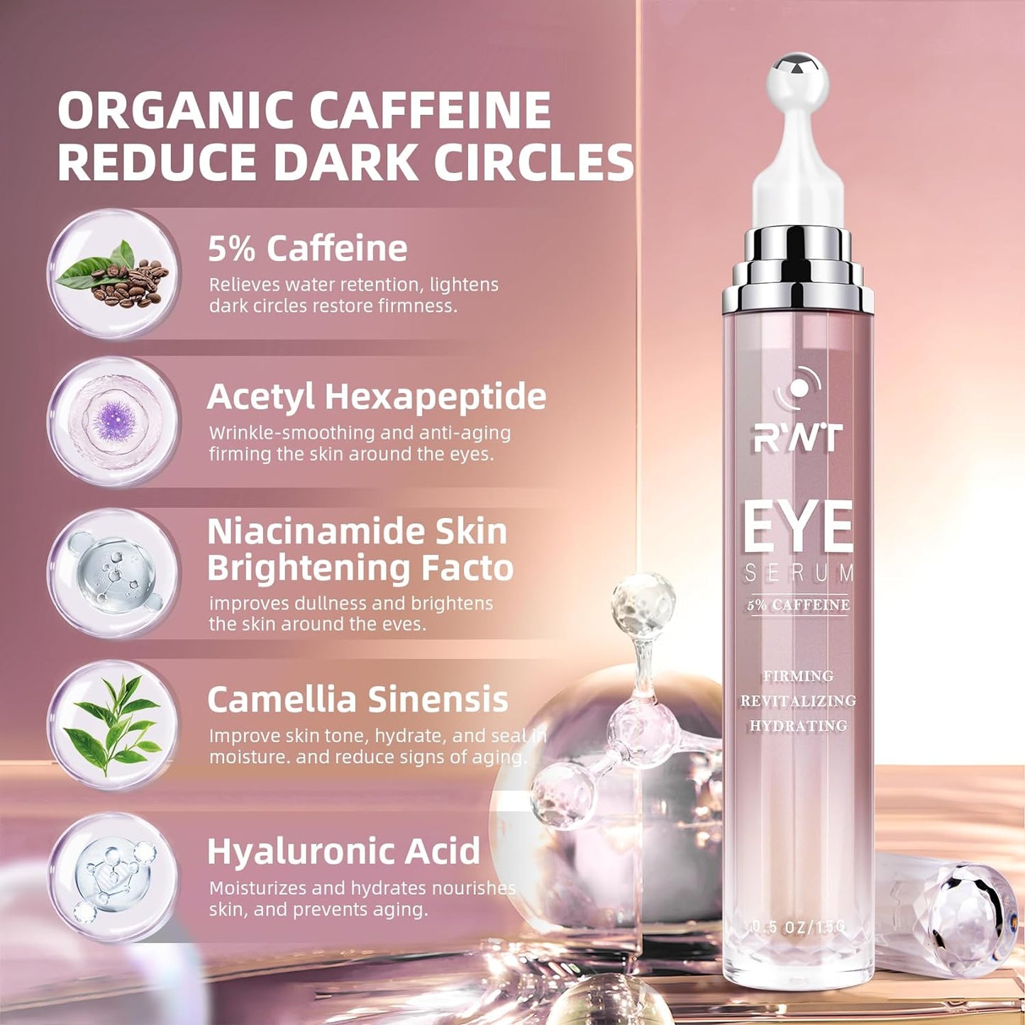5% Caffeine Eye Cream & Under Eye Serum for Dark Circles and Puffiness Eye Care Eye Roller Serum with 360° Massage Ball Eye Treatment Serum Under Eye Roller Cream for Women Reduce Wrinkles Fine Lines