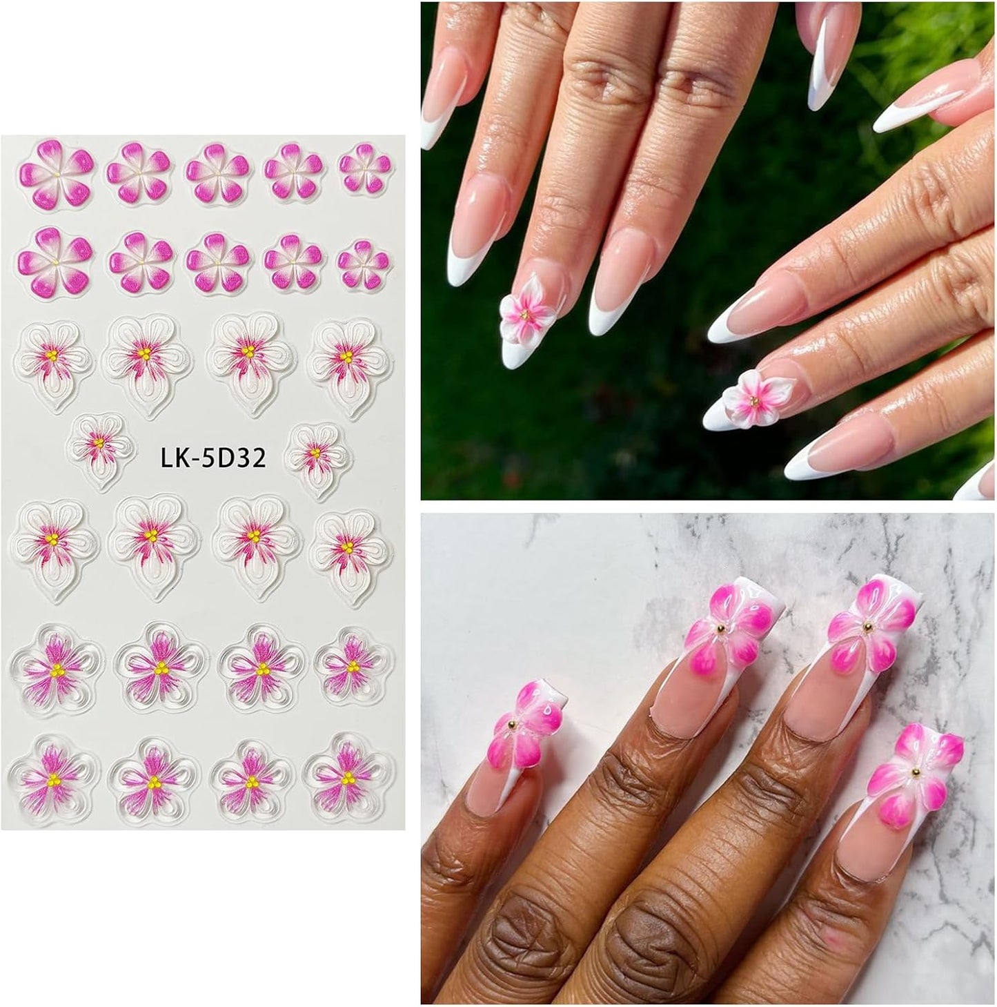 Nail Art Stickers Decals 5D Embossed Flower Nail Decals Self Adhesive Spring Summer Plumeria Tulip Supplies 3D Nails Design for Women Decoration Pink Flower Nails Sticker