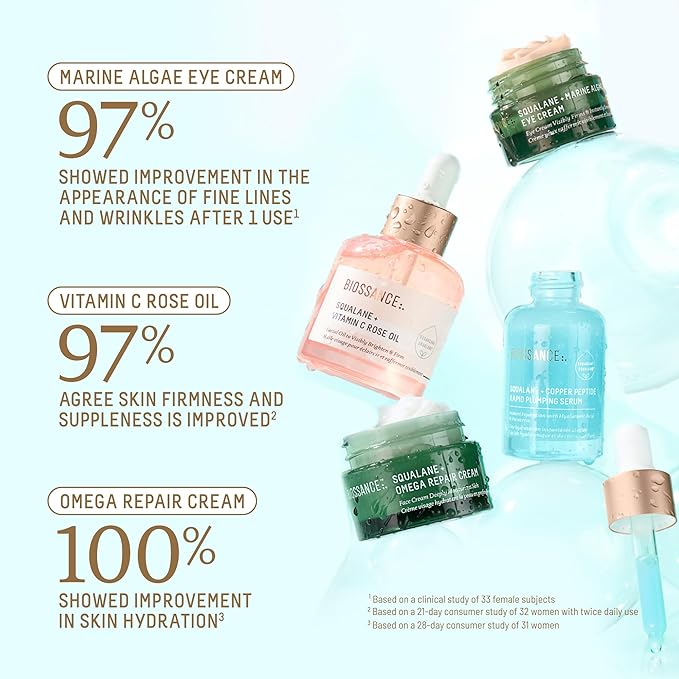 Biossance Bright Bestsellers Holiday Gift Set with Rose Oil, Marine Algae Eye Cream, Omega Repair Cream and Copper Peptide Plumping Serum, ($136 Value), 1 Set