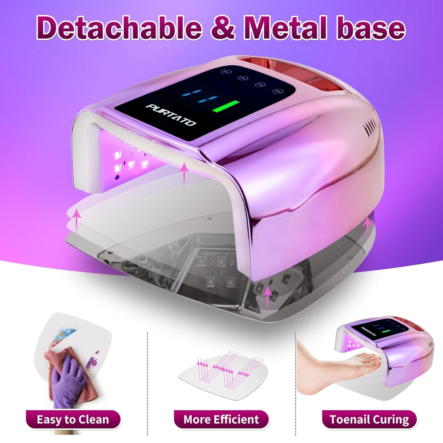 Professional Rechargeable 96W UV LED Portable Cordless UV Light for Nail Lamp Machine with Removable Stainless Steel Bottom,4 Timer Setting and Smart Sensor Nail Dryer (Gradient Purple)