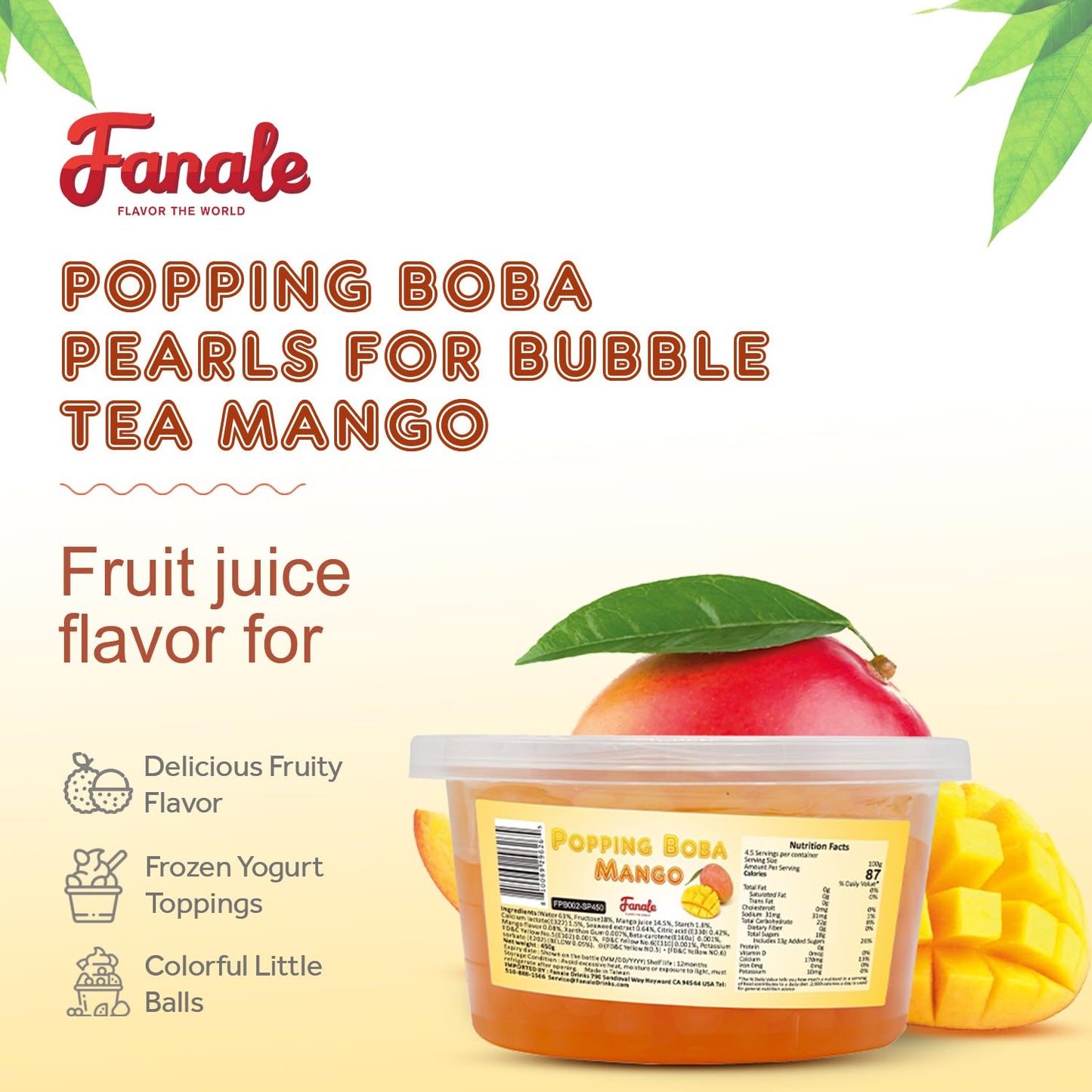 Fanale Mango Popping Boba Pearls, Vegan, Non GMO, Gluten Free, Fat Free, Perfect for Bubble Tea, Smoothies, Ice Cream, Desserts, and Beverages 1lb x 12.