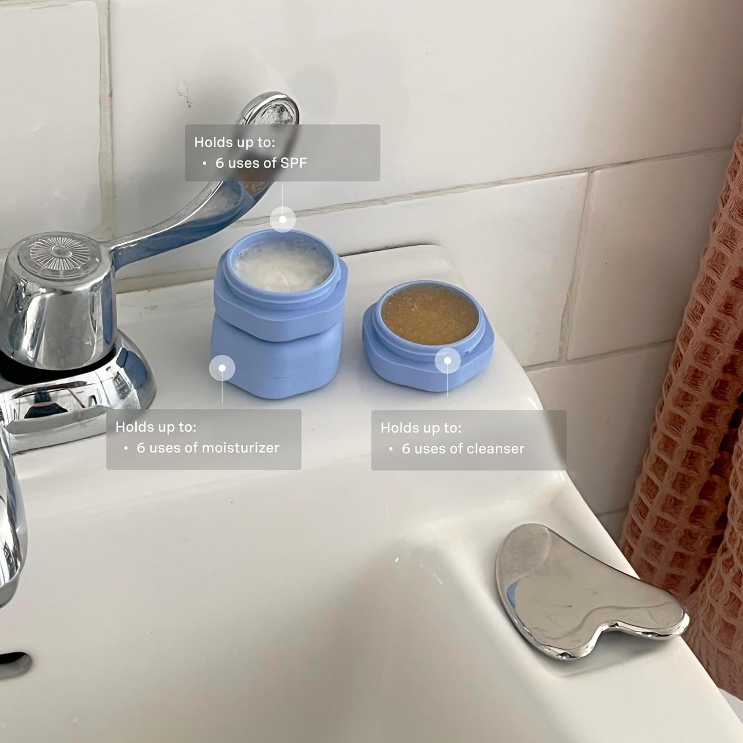 Cadence Travel Containers Basic Skincare Set - Magnetic Containers with Lids,Carry On Travel Essentials For Women/Men - 3 Small Capsules (0.56oz) - Cleanser, Moisturizer & Sun-Icon Labels - Pacific