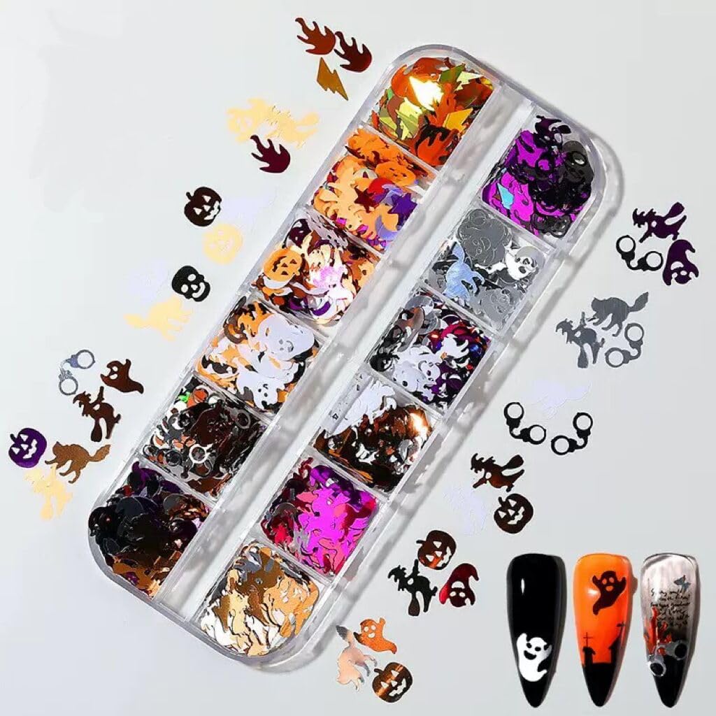 3 Boxes Halloween Nail Art Sequins 3D Holographic Pumpkin Face Spider Ghost Skull Halloween Nail Glitter Sequins Nail Art Supplies Decorations for Women 36 Styles