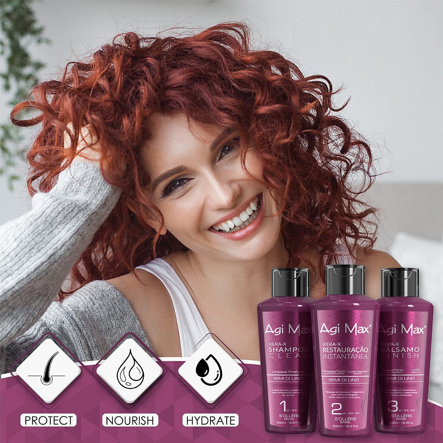 Brazilian Natural Keratin Hair Treatment Kit for Straightening Curls and Frizz, Reducing Dry Damage, Nourish and Hydrate Root to Tip, Support Color Treated Styles - 1 liter 3 Steps 3 x 500ml