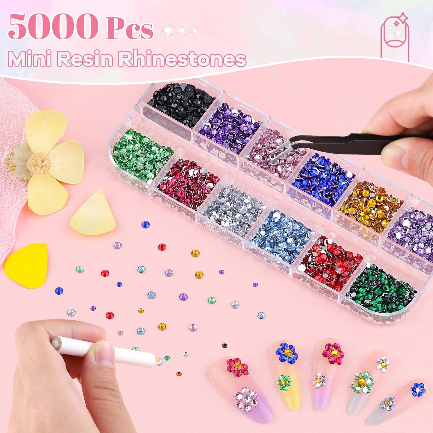 5000Pcs Small Resin Rhinestones for Nail Art with 15ML Nails Rhinestone Glue, Colorful 2/3MM Flatback Bedazzling Gems, Nail Rhinestones and Gems Crystals Charms for Acrylic Tips Manicure Decor