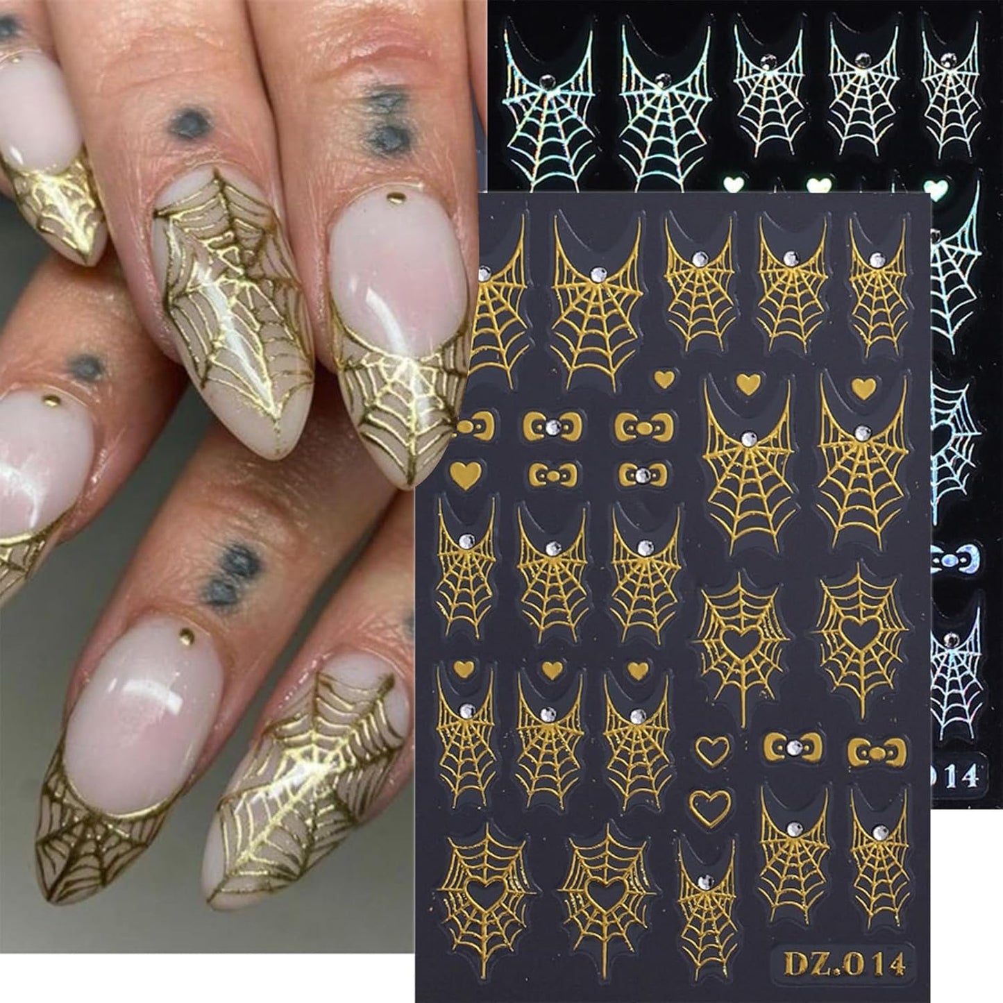 Halloween Nail Art Stickers Decals Metal Spider Web Nail Decals Rhinestone Design 4PCS 3D Self-Adhesive White Laser Black Gold Spiderweb Nail Slider Sticker Holiday DIY Manicure Supplies for Women