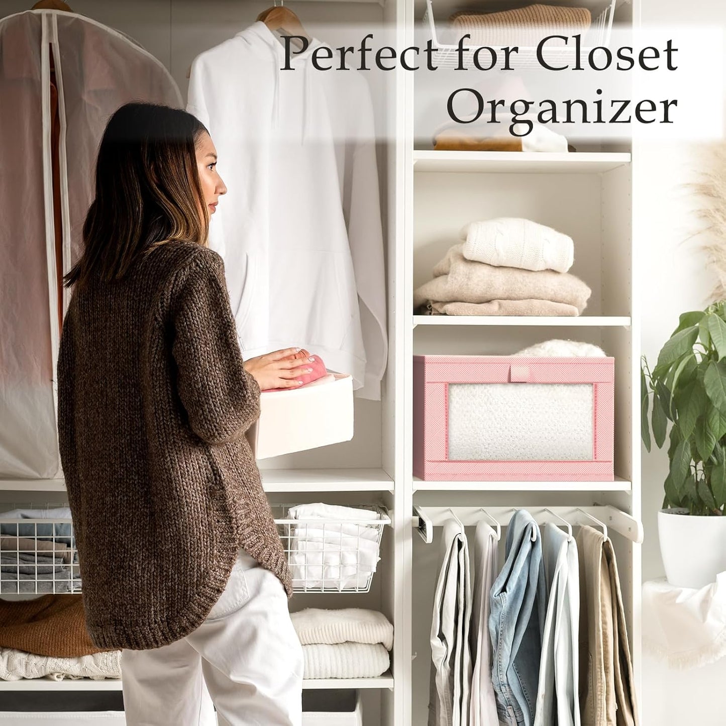 Criusia 4 Pack Linen Closet Organizers and Storage, Closet organizer Large Linen Closet Baskets for Organization, Foldable Storage Containers for Towels, Clothing, Jeans, Books, Shelves, Pink