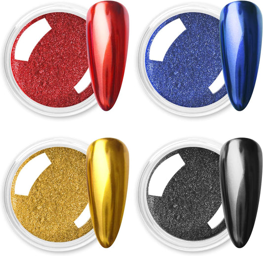 Allstarry Chrome Nail Powder 4 Colors Metallic Mirror Effect Powder Manicure Chrome Pigment Magic Glitter Dust Kit for Gel Polish Nail Art Decoration with 4 Sponge Sticks - Ruby Sapphire Series