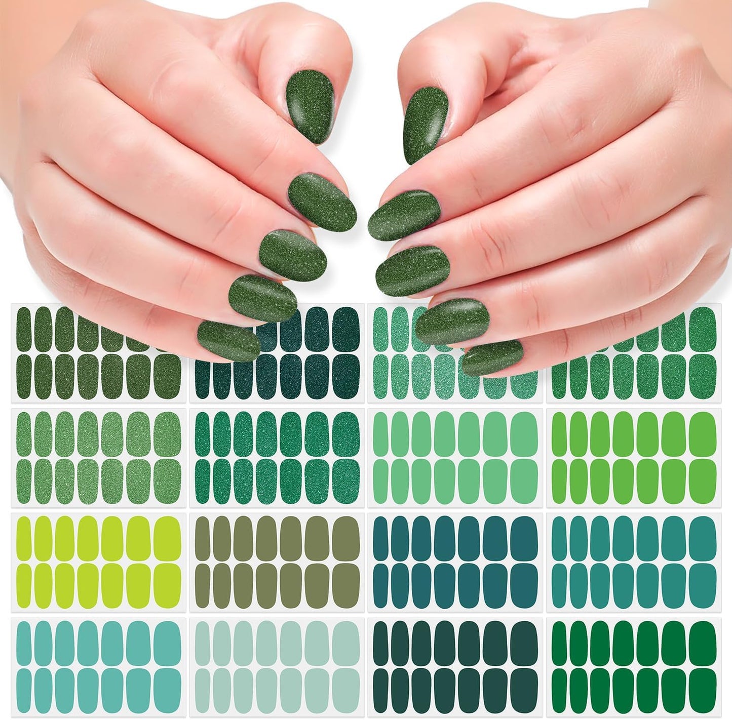 DANNEASY 16 Sheets Green Nail Wraps for Women Full Nail Polish Stickers Fresh Color Self Adhesive Nail Polish Strips Glitter Nail Strips Gel Fingernail Sticker Nails with File, Cuticle Stick