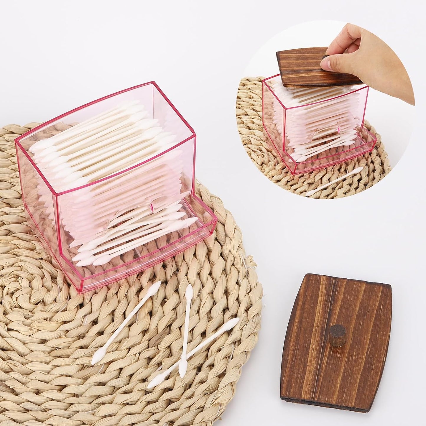 Tbestmax 10oz Qtip Dispenser, Big Cotton Swab Holder Pink Bathroom Accessories Organizer for Storage - Qtips Cotton Ball, Floss Container (Wood Lid)