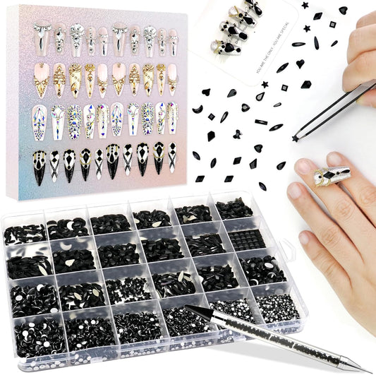 Dowarm 6000PCS Black Nail Rhinestones Kit, 16 Types of 800PCS Special-Shaped Diamonds + 5200PCS Flatback Rhinestones, 3D Glass Gemstones for Nail Crafts Decoration, Jewelry Gem Stones Charm