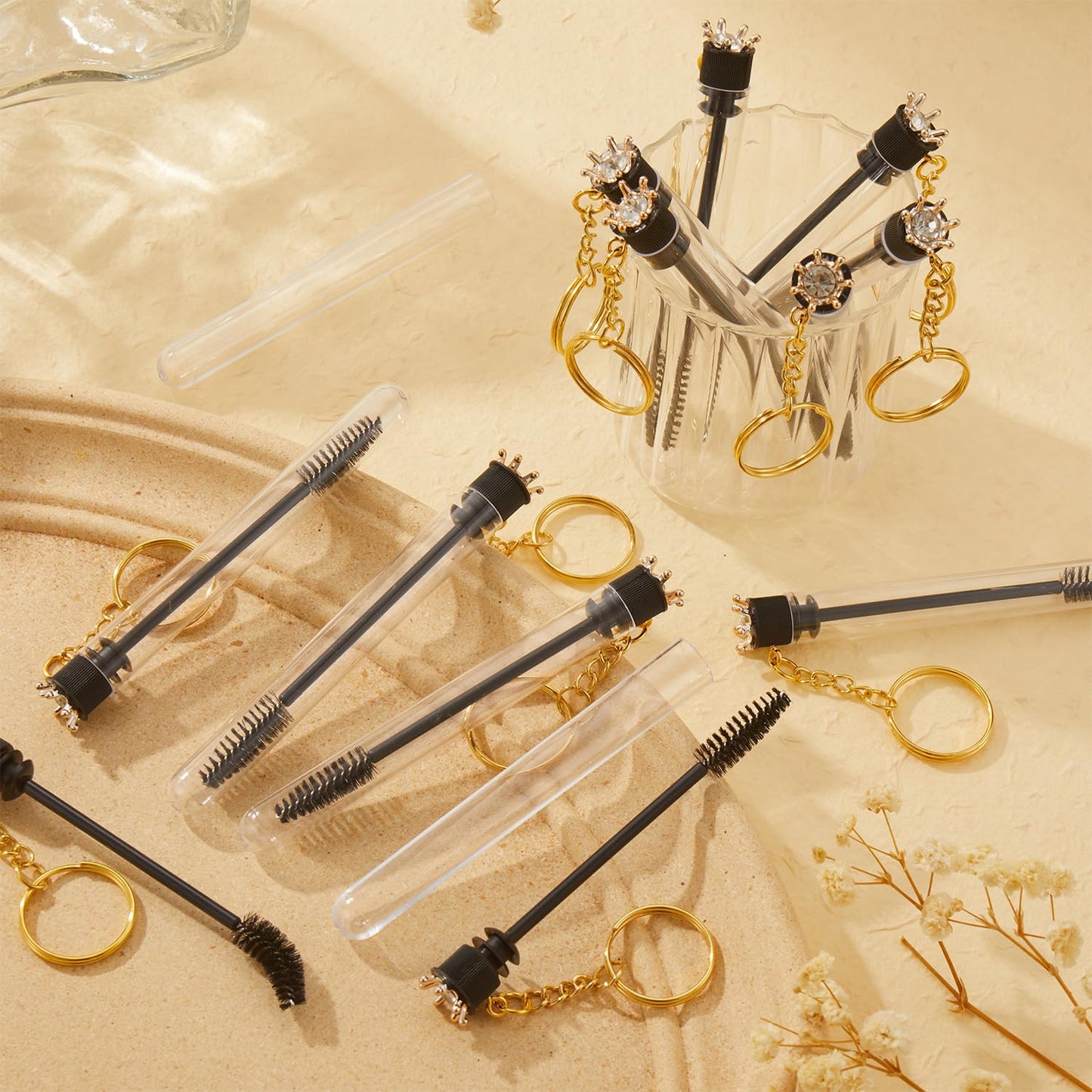 Upgrade 48 Pieces Disposable Mascara Wands Set,Diamond Mascara for Women and Girls- Include 24 Pcs Crystal Lash Spoolies Brush and 24 Pcs Reusable Keychain Empty Eyelash Brush Tubes