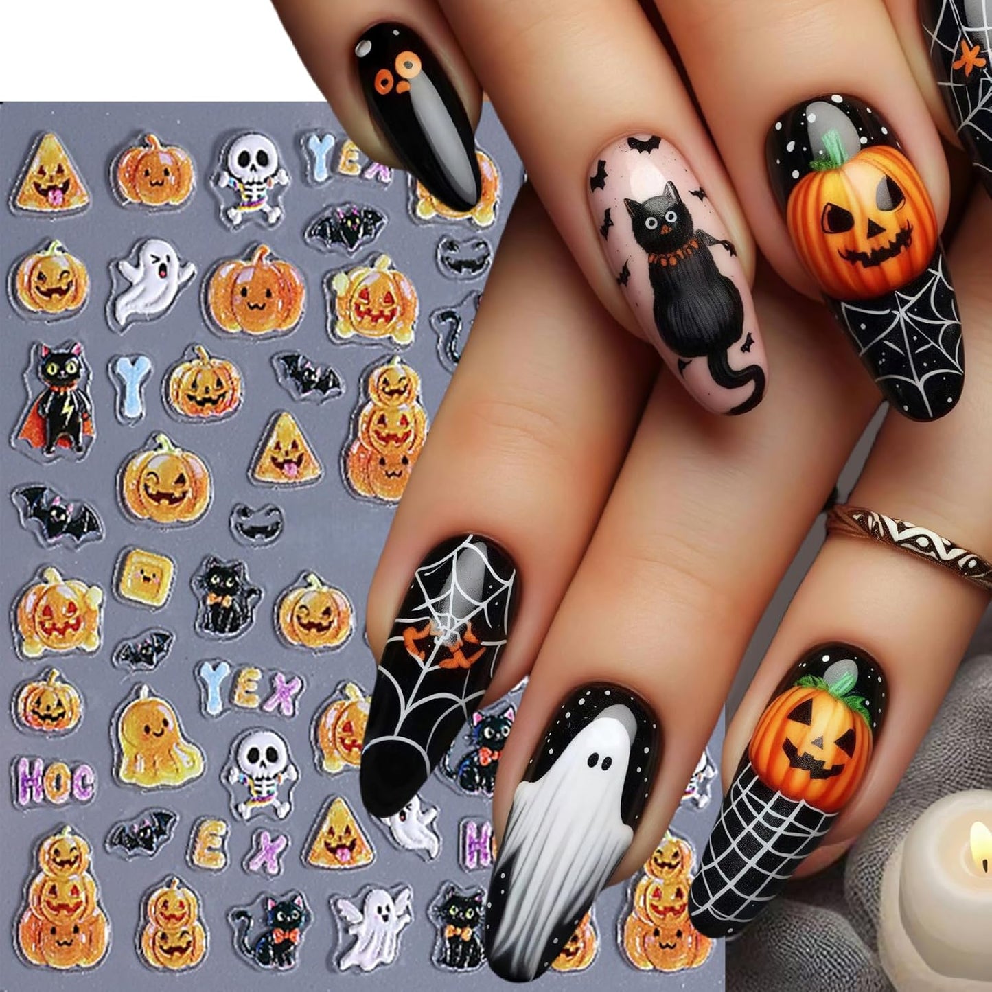 3 Sheets Halloween Nail Stickers 5D Embossed Star Moon Ghost Self-Adhesive Nail Decals Pumpkin Ghost Nail Art Stickers Spider Web Skulls Bat Nails Design Nail Supplies for Acrylic Nails Manicure Decor