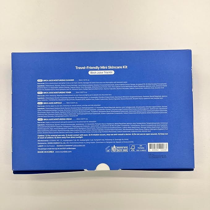 ROUND LAB Birch Juice Moisturizing Mini Kit, 4-Step Travel Size Skincare Set (Cleanser, Toner, Serum, Cream), Daily Skin Care Routine Trial Kit for Acne-Prone and Sensitive Skin, Stocking Stuffers