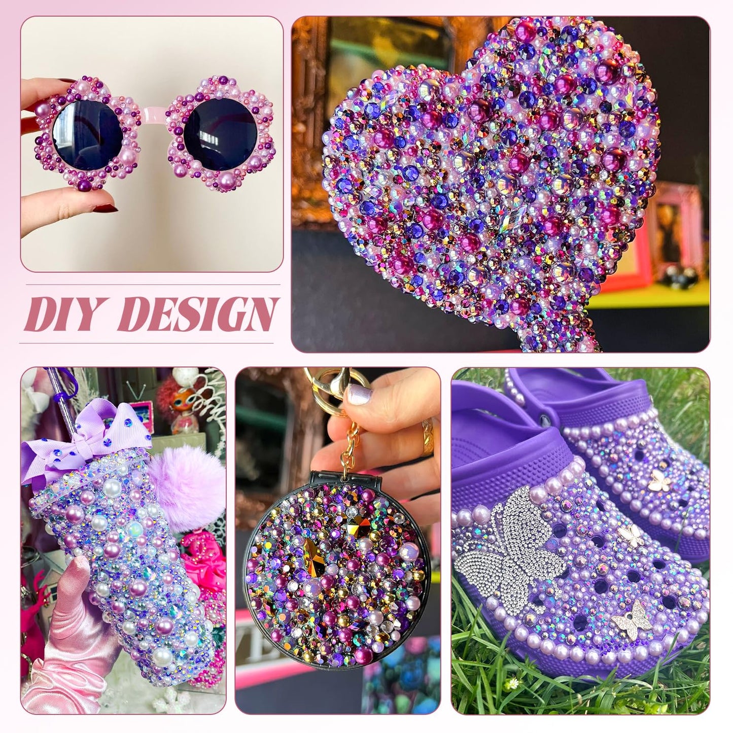 9000Pcs Flatback Pearls and Rhinestones for Crafting, Purple Series Mixed Size 3-8mm Resin Rhinestones and Half Pearls for Bedazzling, Nail Art and Decoration with 3pcs B7000 Jewelry Glue