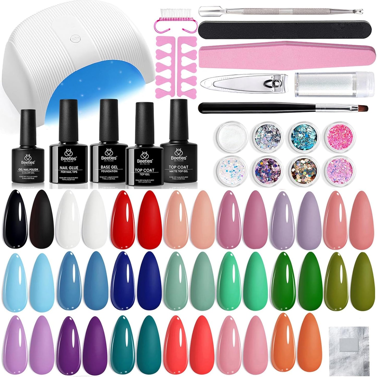 Beetles Gel Nail Polish Kit with U V Light - 34pcs Gel Polish Set 20 Colors Colorful Dreamscape Pro with Nail Tips & Base Matte Top Medium Coffin Press on Nails Accessories DIY Salon Gifts for Women
