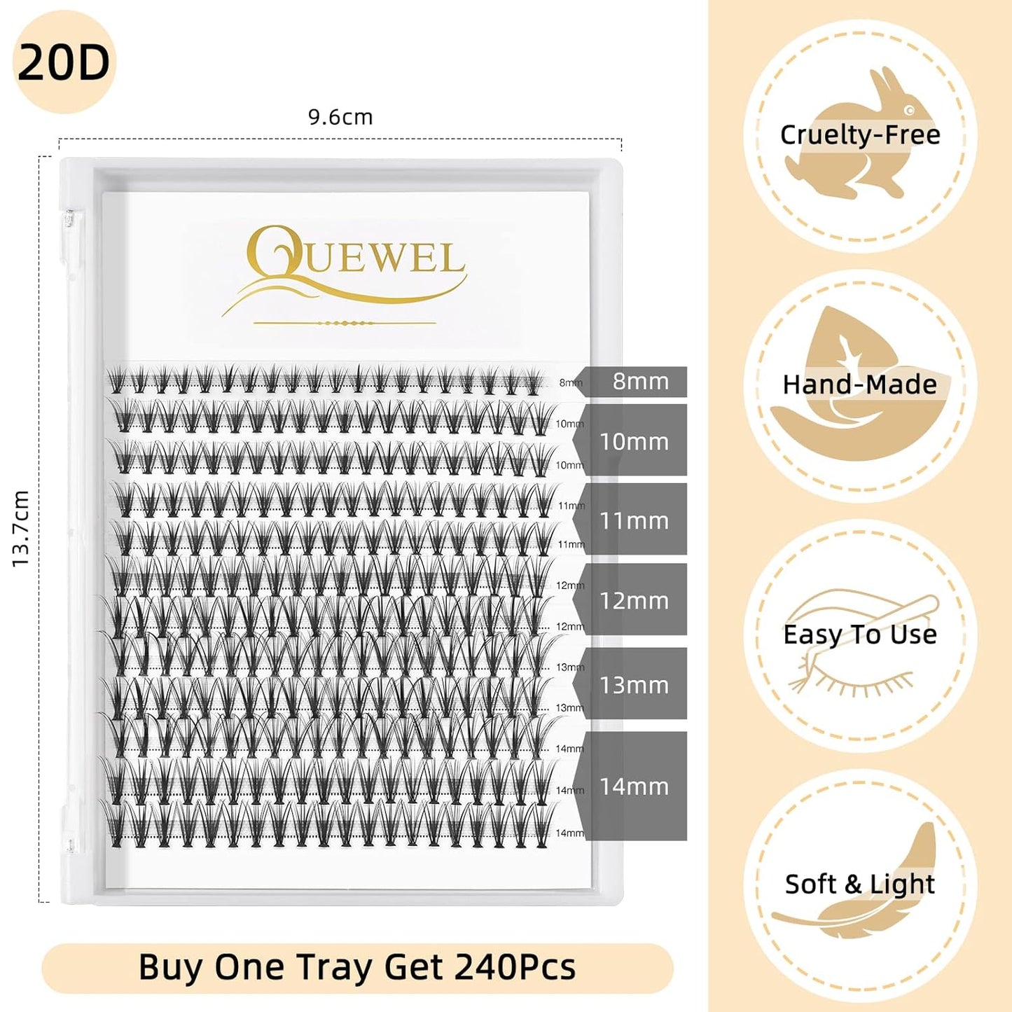 QUEWEL Lash Clusters 240Pcs Cluster Lashes 20D 0.07D Curl 15mm Individual Lashes Soft&Comfortable DIY Eyelash Extension at Home(20D 0.07D 15)