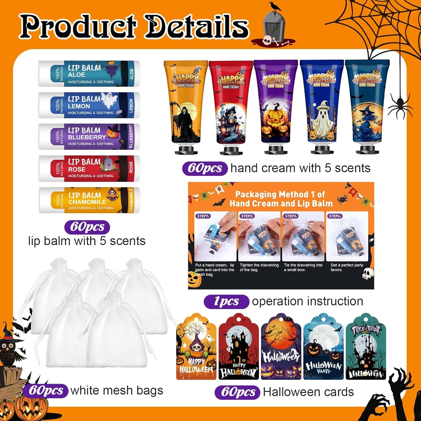 60 Pack Halloween Hand Cream and Lip Balm Set for Women, Bulk Hand Lotion for Halloween Gifts, Halloween Party Favors, Party Supplies, Decorations, Goodie Bags with Halloween Card and Organza Bags